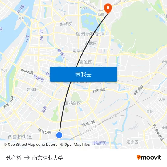 铁心桥 to 南京林业大学 map