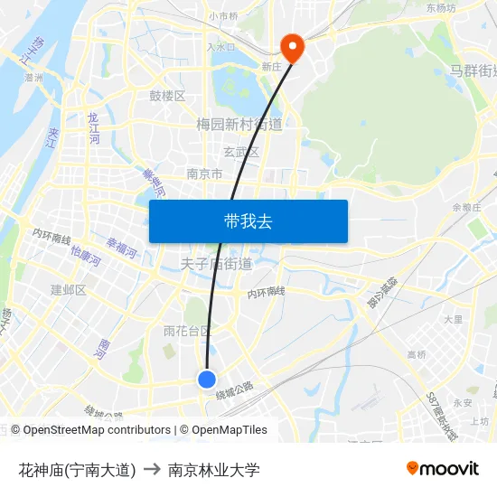 花神庙(宁南大道) to 南京林业大学 map