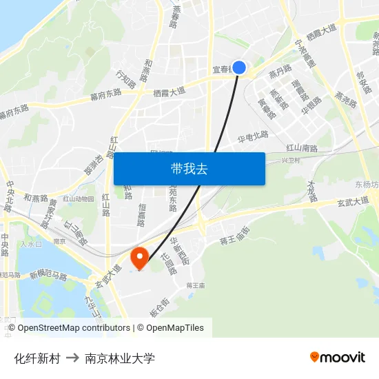 化纤新村 to 南京林业大学 map