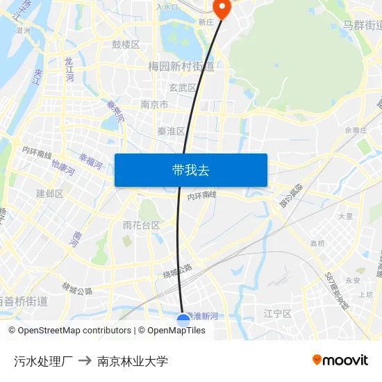 污水处理厂 to 南京林业大学 map