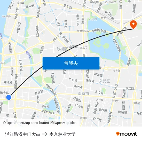 浦江路汉中门大街 to 南京林业大学 map
