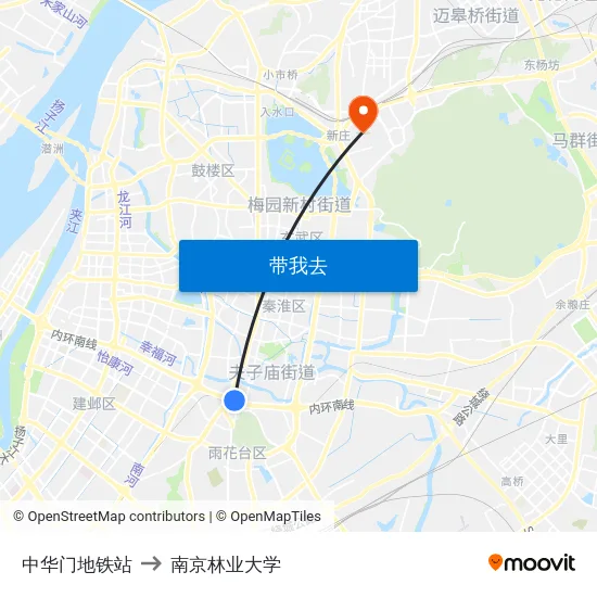 中华门地铁站 to 南京林业大学 map