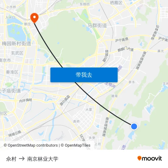 佘村 to 南京林业大学 map