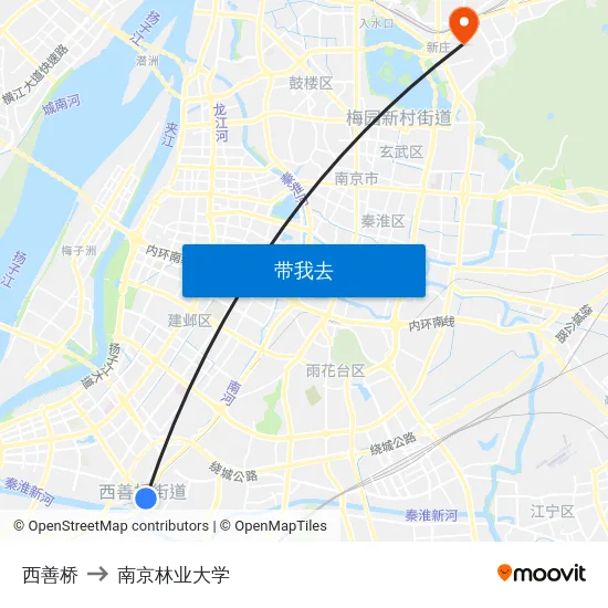 西善桥 to 南京林业大学 map