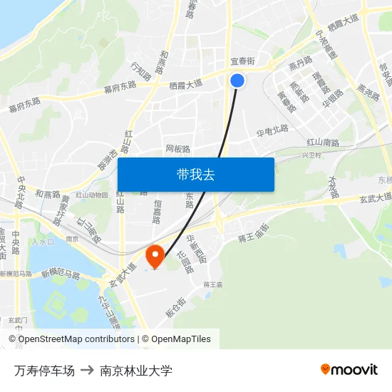 万寿停车场 to 南京林业大学 map
