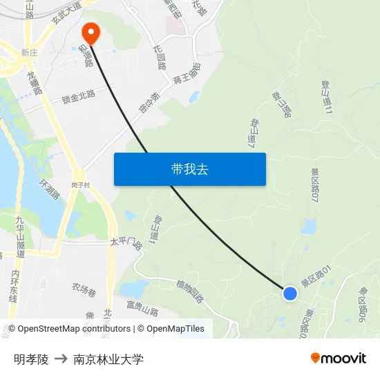 明孝陵 to 南京林业大学 map