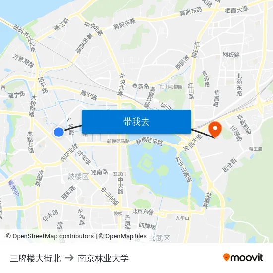 三牌楼大街北 to 南京林业大学 map