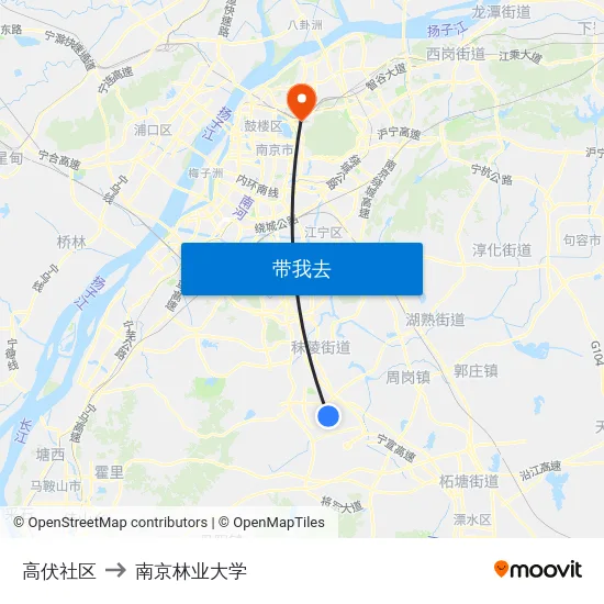 高伏社区 to 南京林业大学 map