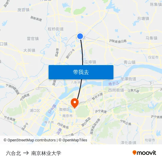 六合北 to 南京林业大学 map