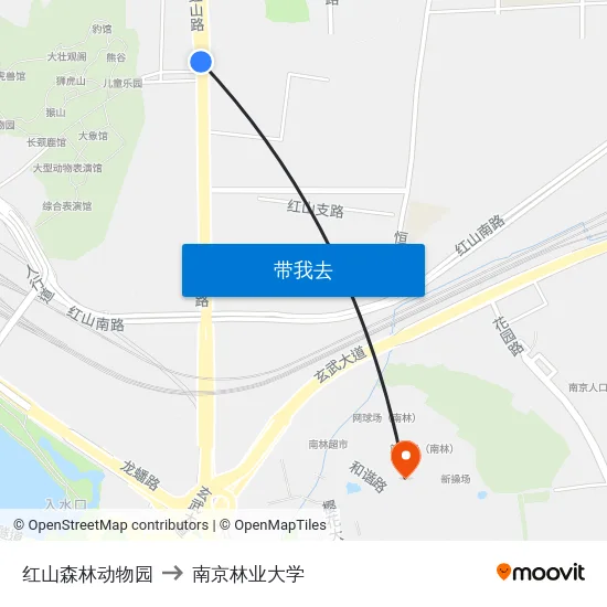 红山森林动物园 to 南京林业大学 map