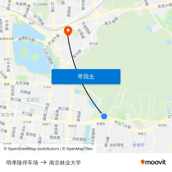 明孝陵停车场 to 南京林业大学 map