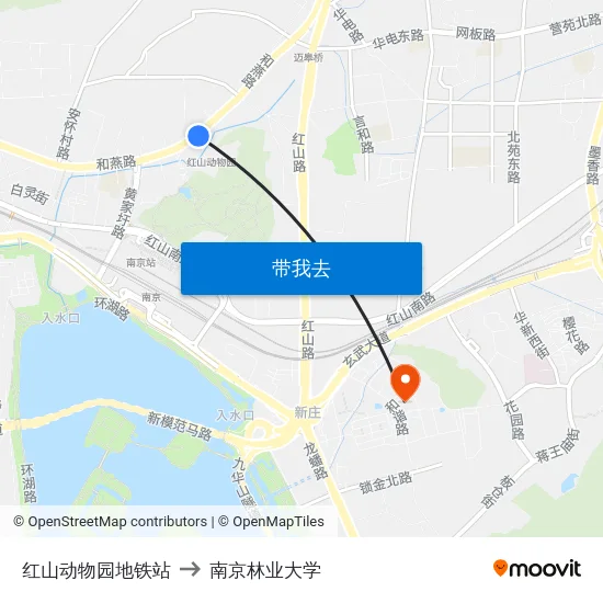 红山动物园地铁站 to 南京林业大学 map