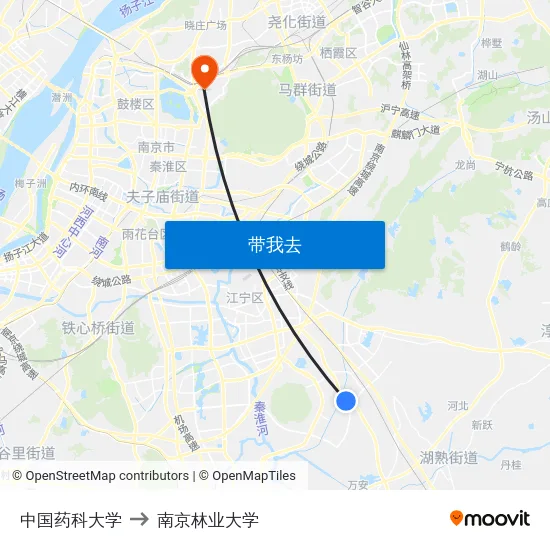 中国药科大学 to 南京林业大学 map