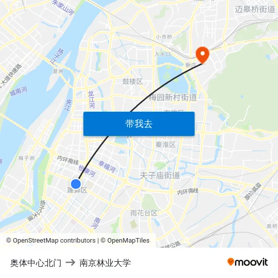 奥体中心北门 to 南京林业大学 map