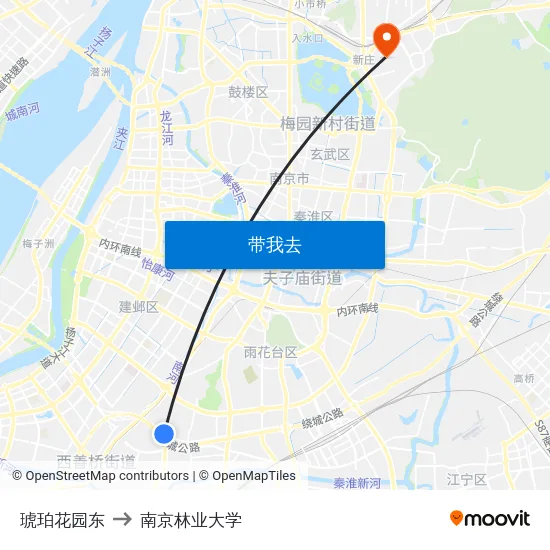 琥珀花园东 to 南京林业大学 map