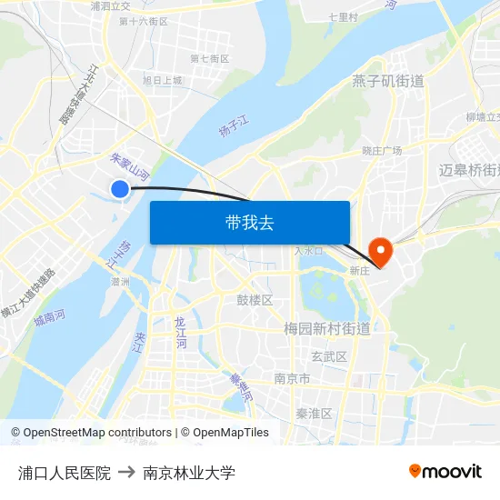 浦口人民医院 to 南京林业大学 map