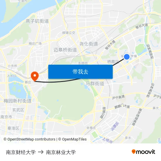 南京财经大学 to 南京林业大学 map