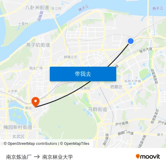 南京炼油厂 to 南京林业大学 map