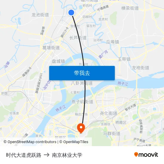 时代大道虎跃路 to 南京林业大学 map
