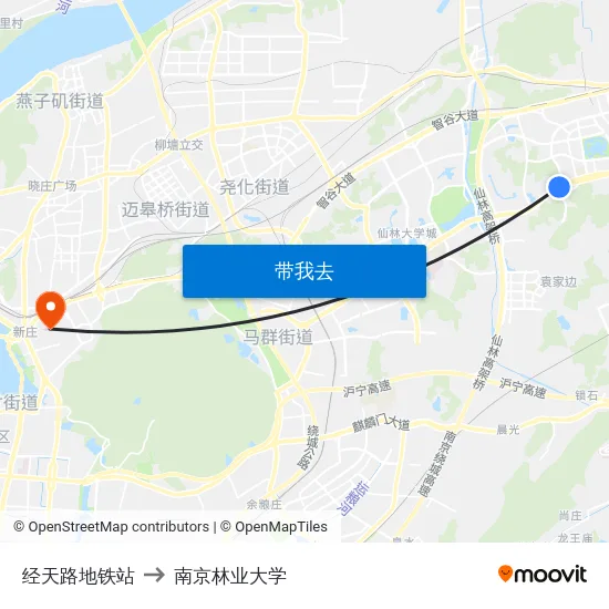 经天路地铁站 to 南京林业大学 map
