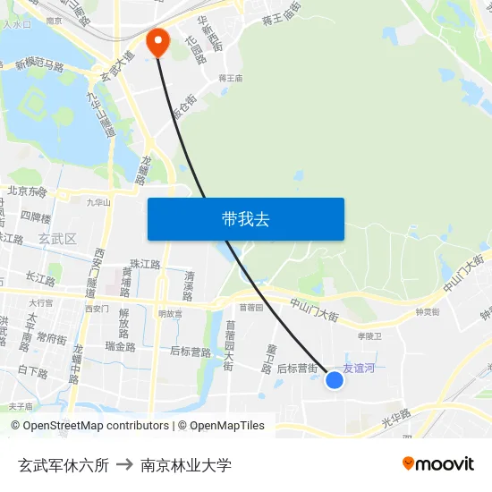 玄武军休六所 to 南京林业大学 map