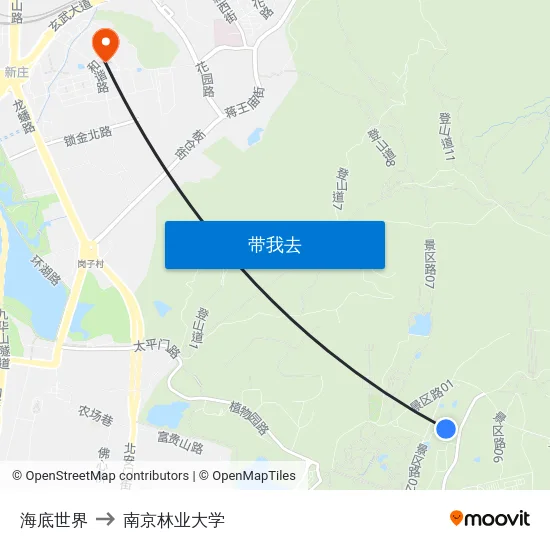 海底世界 to 南京林业大学 map