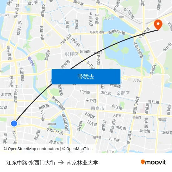 江东中路·水西门大街 to 南京林业大学 map