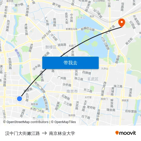 汉中门大街嫩江路 to 南京林业大学 map