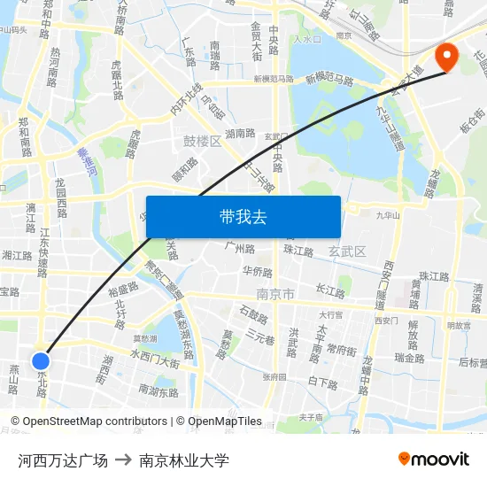 河西万达广场 to 南京林业大学 map