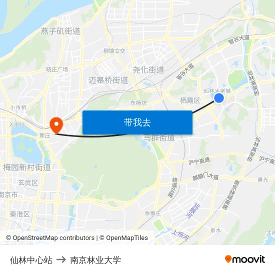 仙林中心站 to 南京林业大学 map