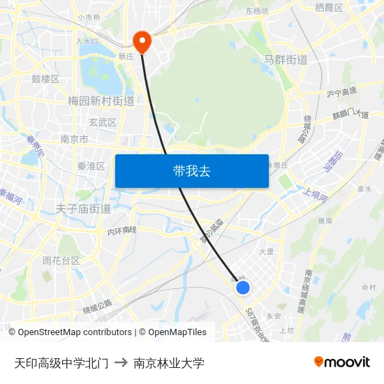 天印高级中学北门 to 南京林业大学 map