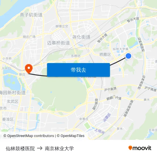 仙林鼓楼医院 to 南京林业大学 map