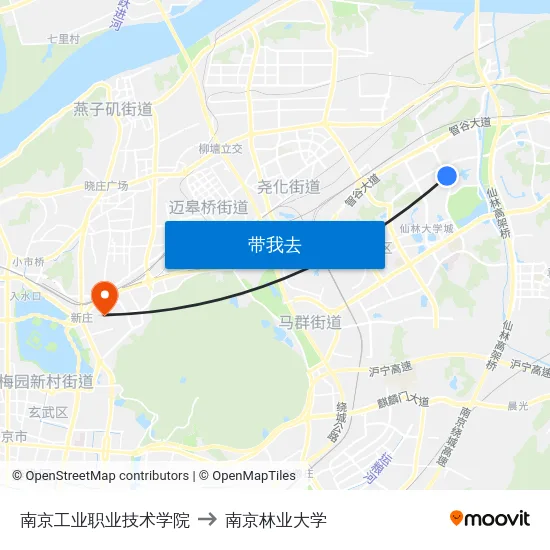 南京工业职业技术学院 to 南京林业大学 map