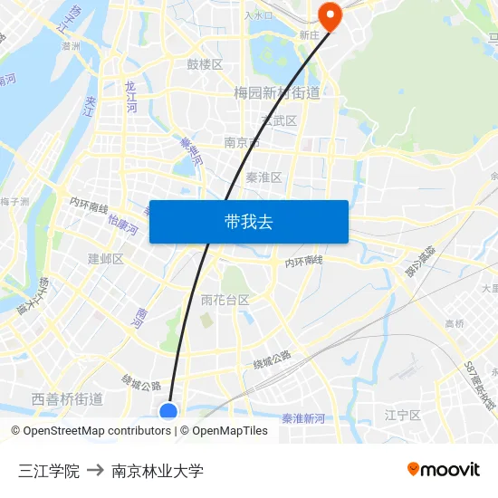 三江学院 to 南京林业大学 map