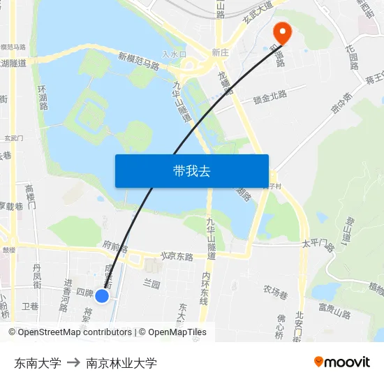 东南大学 to 南京林业大学 map