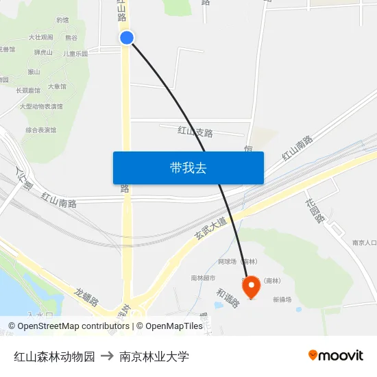 红山森林动物园 to 南京林业大学 map