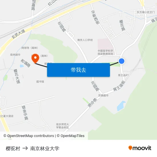 樱驼村 to 南京林业大学 map