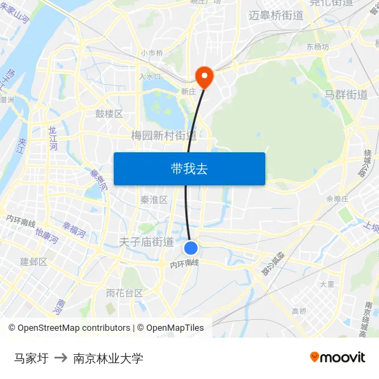 马家圩 to 南京林业大学 map