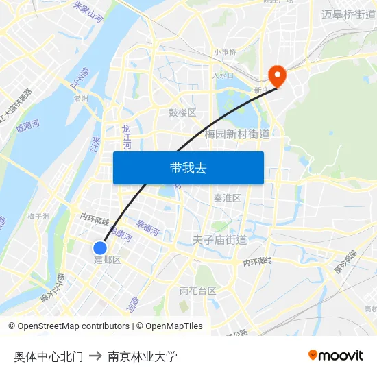 奥体中心北门 to 南京林业大学 map