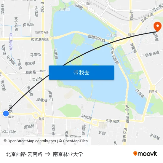 北京西路·云南路 to 南京林业大学 map