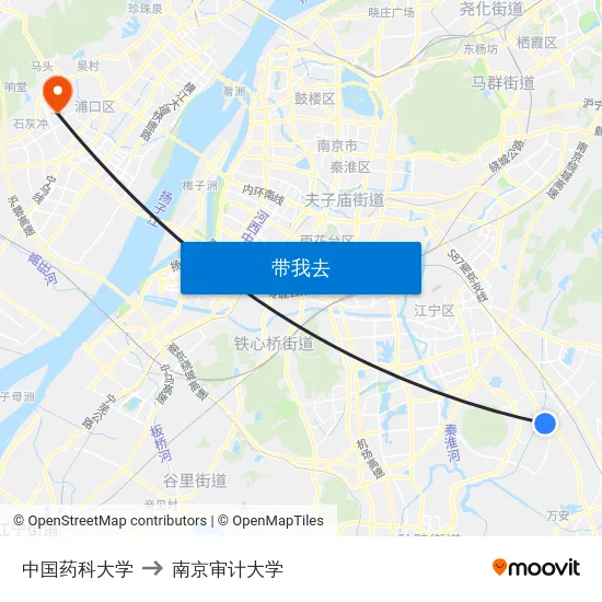 中国药科大学 to 南京审计大学 map