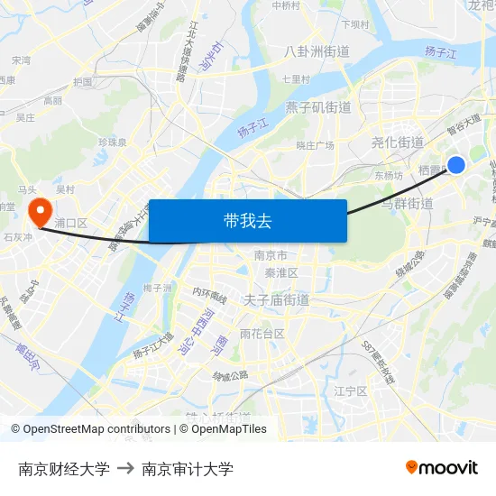 南京财经大学 to 南京审计大学 map