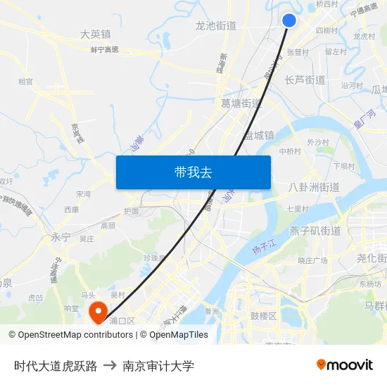 时代大道虎跃路 to 南京审计大学 map