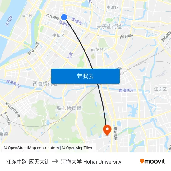 江东中路·应天大街 to 河海大学 Hohai University map
