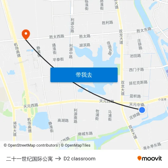 二十一世纪国际公寓 to D2 classroom map