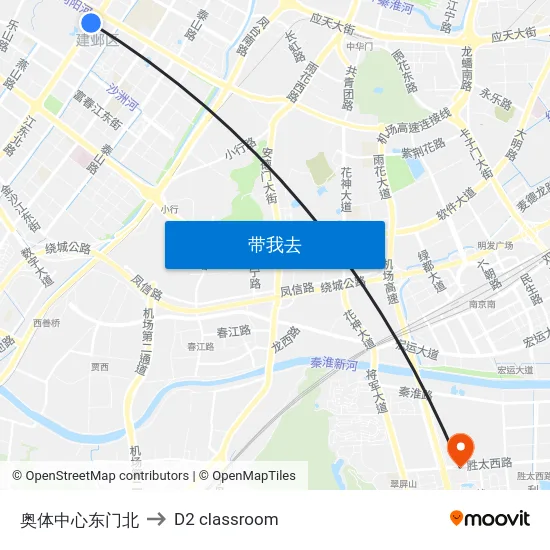 奥体中心东门北 to D2 classroom map