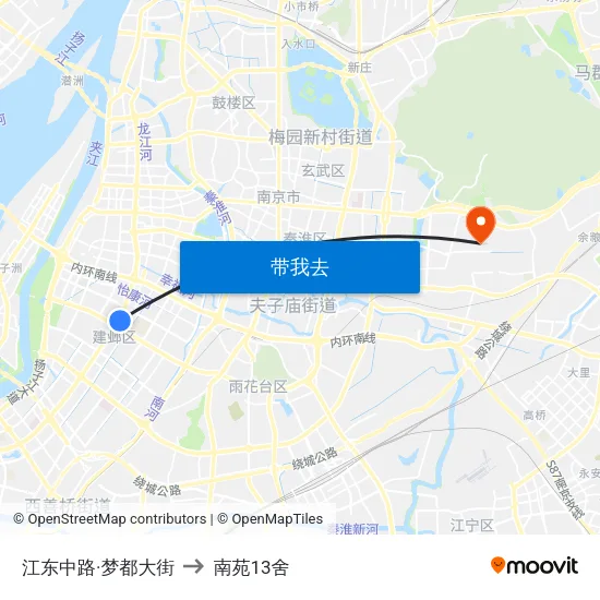 江东中路·梦都大街 to 南苑13舍 map
