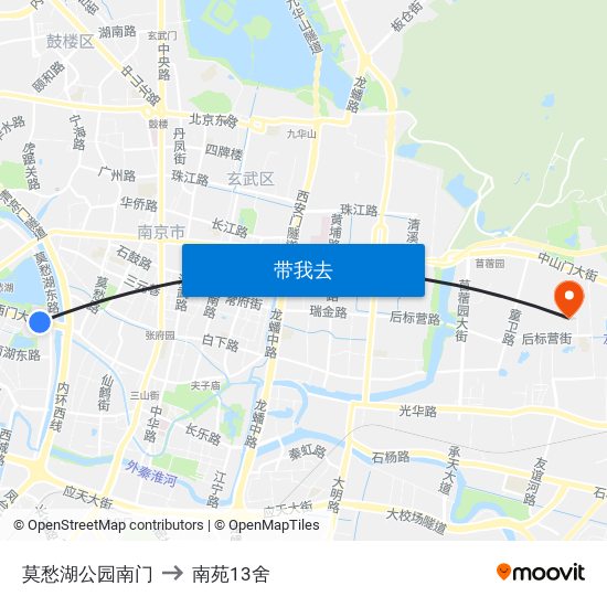 莫愁湖公园南门 to 南苑13舍 map