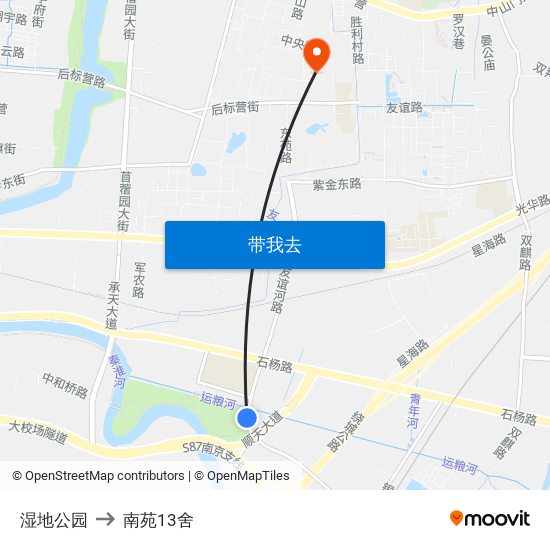 湿地公园 to 南苑13舍 map