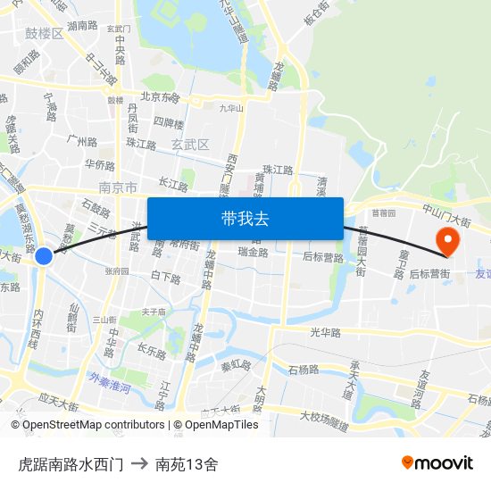 虎踞南路水西门 to 南苑13舍 map